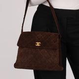 Chanel 1997 Brown Suede Turnlock Shoulder Bag 24k GP