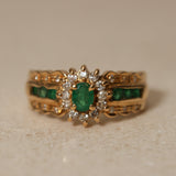 Vintage 18K Yellow Gold Emerald and Diamond Regal Halo Ring, Size US 6