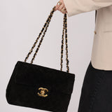 Chanel 1991 Black Suede XL Turnlock Jumbo Classic Flap 24K GP