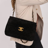 Chanel 1991 Black Suede XL Turnlock Jumbo Classic Flap 24K GP