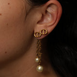 Dior CD Navy Double Pearl Drop Earrings