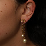 Dior CD Navy Double Pearl Drop Earrings