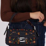 Fendi Denim Beaded Floral Baguette