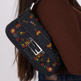 Fendi Denim Beaded Floral Baguette