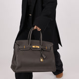 Hermès 2011 Gris Etain Clemence Retourne Birkin 35 GHW