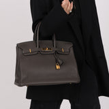 Hermès 2011 Gris Etain Clemence Retourne Birkin 35 GHW