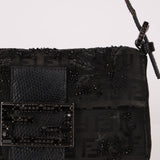 Ultra-Rare Fendi Zucchino Black Floral Beaded, Lizard, & Crystal Mini Baguette