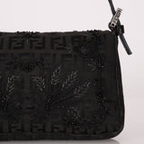 Ultra-Rare Fendi Zucchino Black Floral Beaded, Lizard, & Crystal Mini Baguette