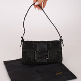 Ultra-Rare Fendi Zucchino Black Floral Beaded, Lizard, & Crystal Mini Baguette