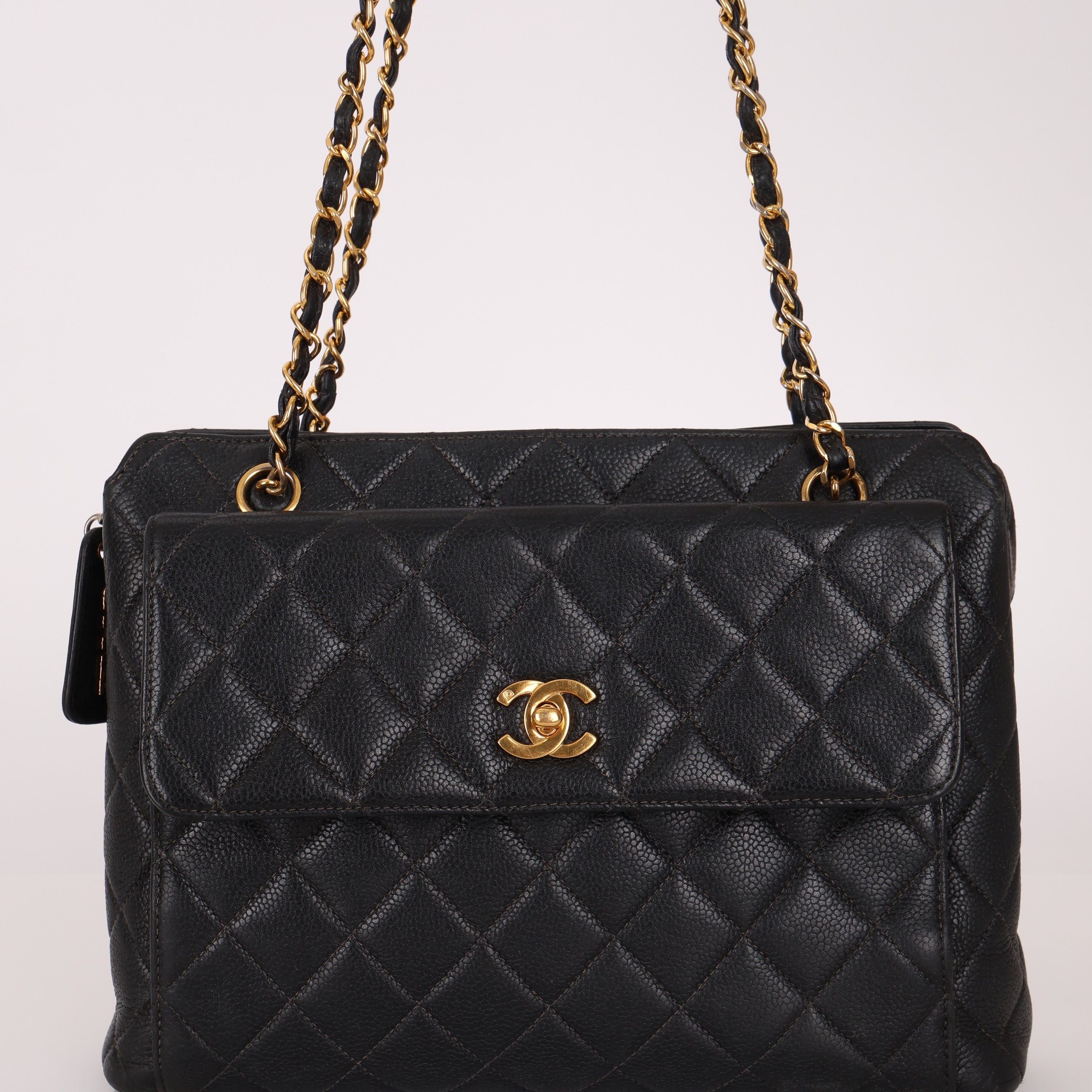 Chanel 1996 Caviar Turnlock Pocket Zip Chain Tote 24K GP