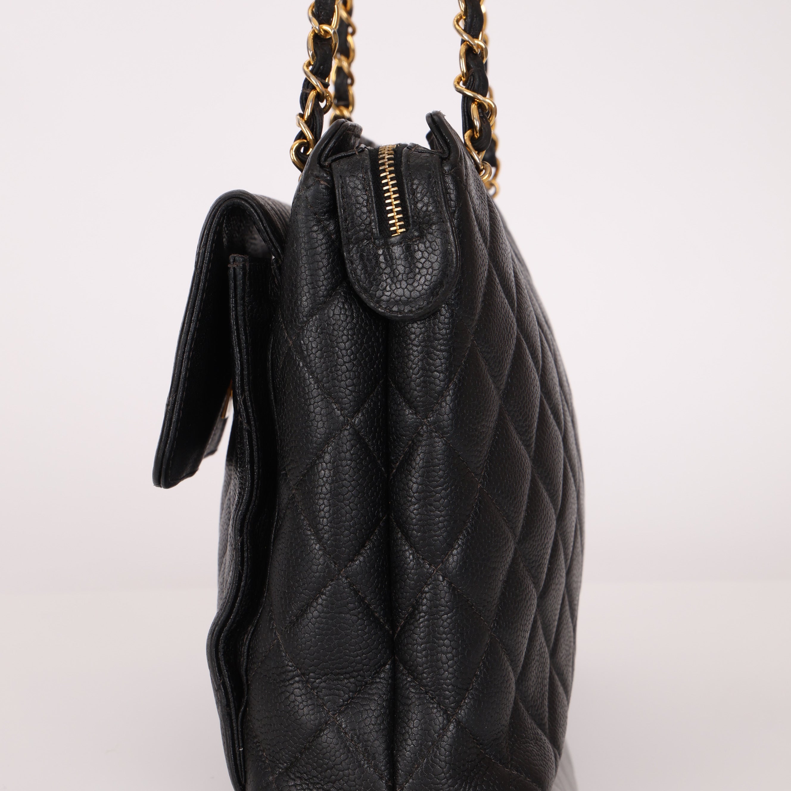 Chanel 1996 Caviar Turnlock Pocket Zip Chain Tote 24K GP