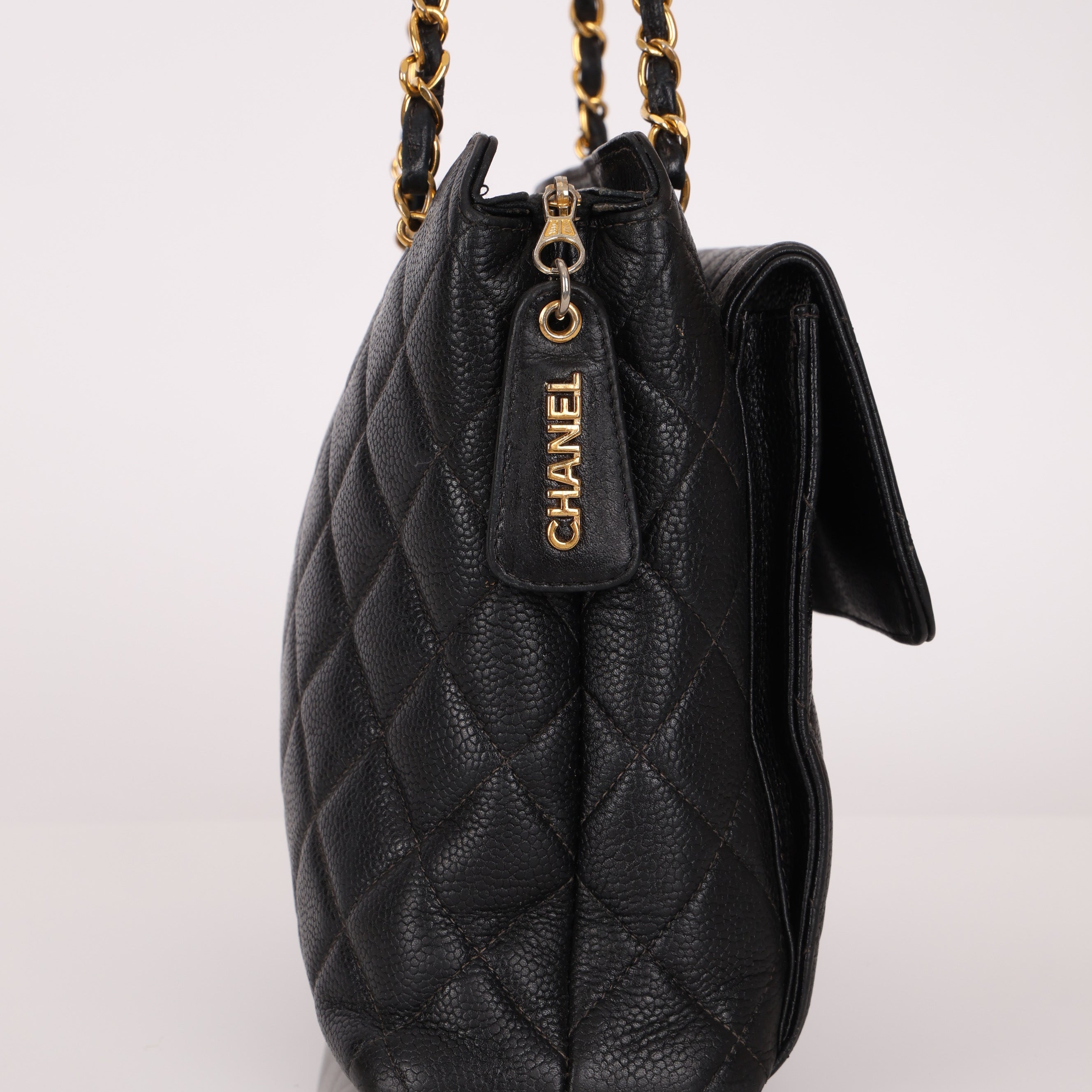 Chanel 1996 Caviar Turnlock Pocket Zip Chain Tote 24K GP