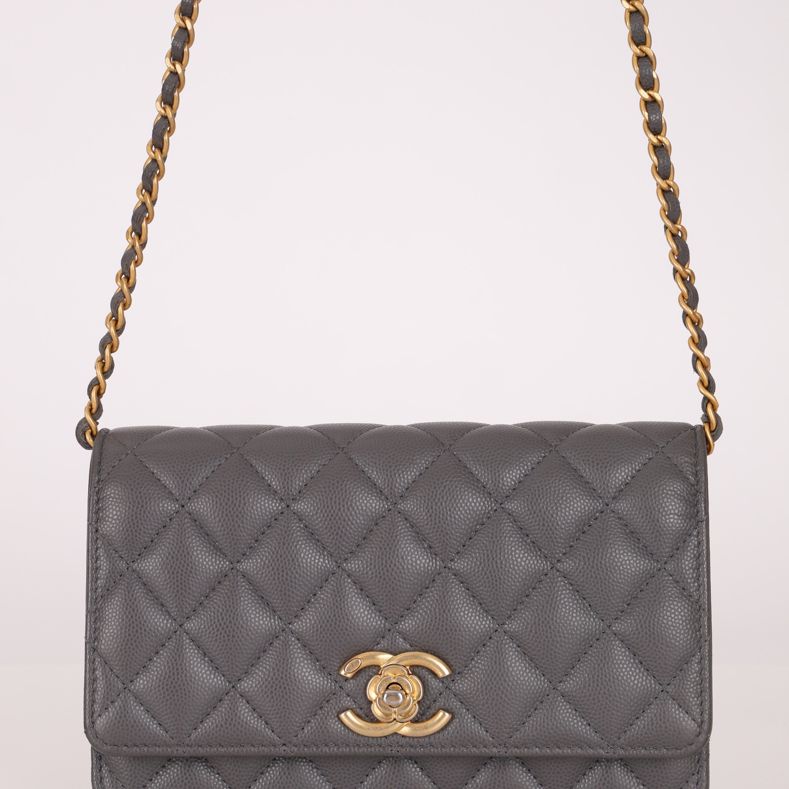 Chanel 2022 Camellia Turnlock Caviar Wallet on Chain
