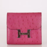 Hermès 2018 Rose Pourpre Ostrich Constance Short Wallet PHW with Chain