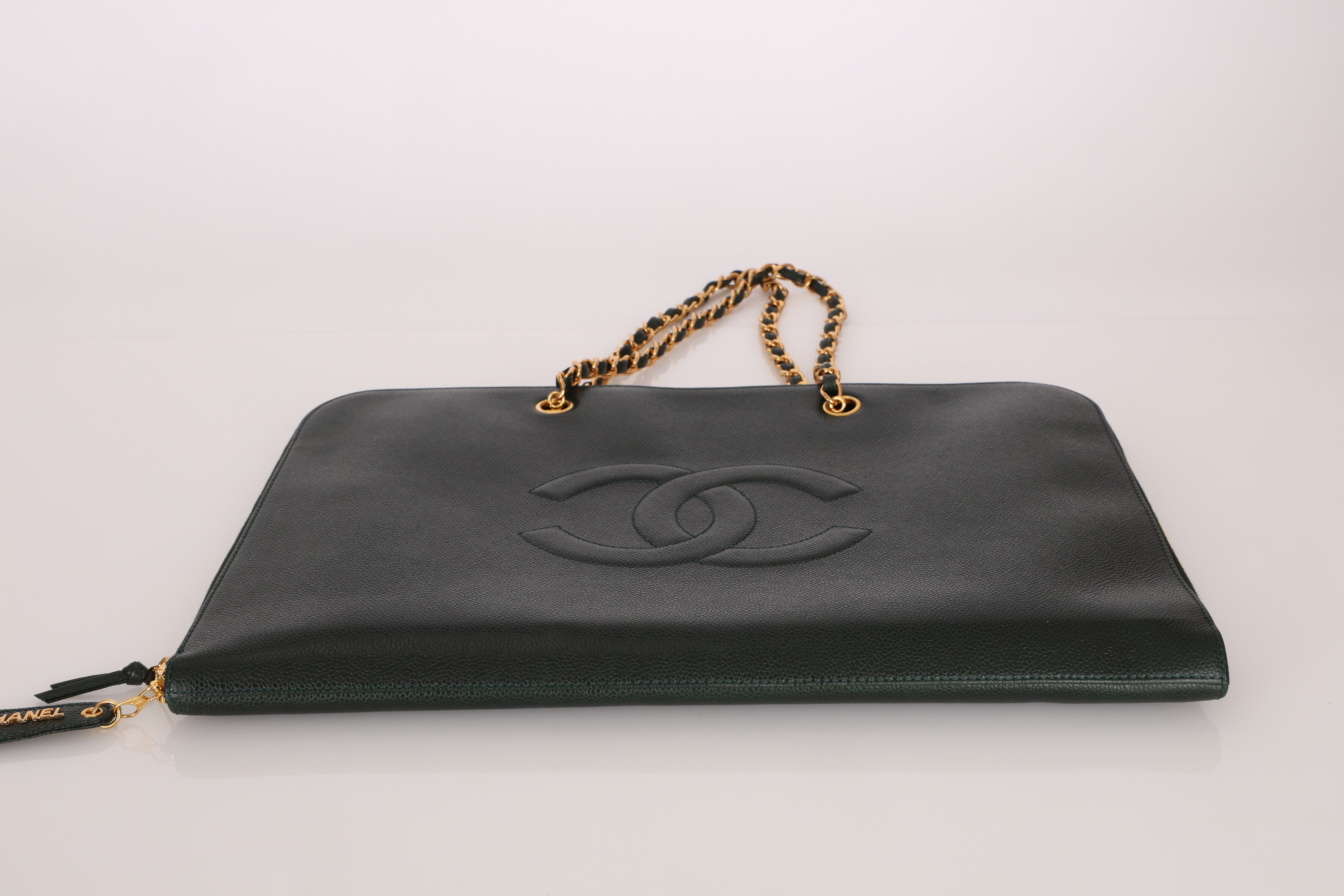 Chanel 1996 Dark Green Caviar Timeless Chain Tote 24K GP