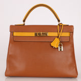 Limited Edition Hermès 1991 Gold and Jaune Ambre Courchevel Kelly 32 Retourne GHW