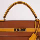 Limited Edition Hermès 1991 Gold and Jaune Ambre Courchevel Kelly 32 Retourne GHW
