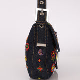 Fendi Denim Beaded Floral Baguette