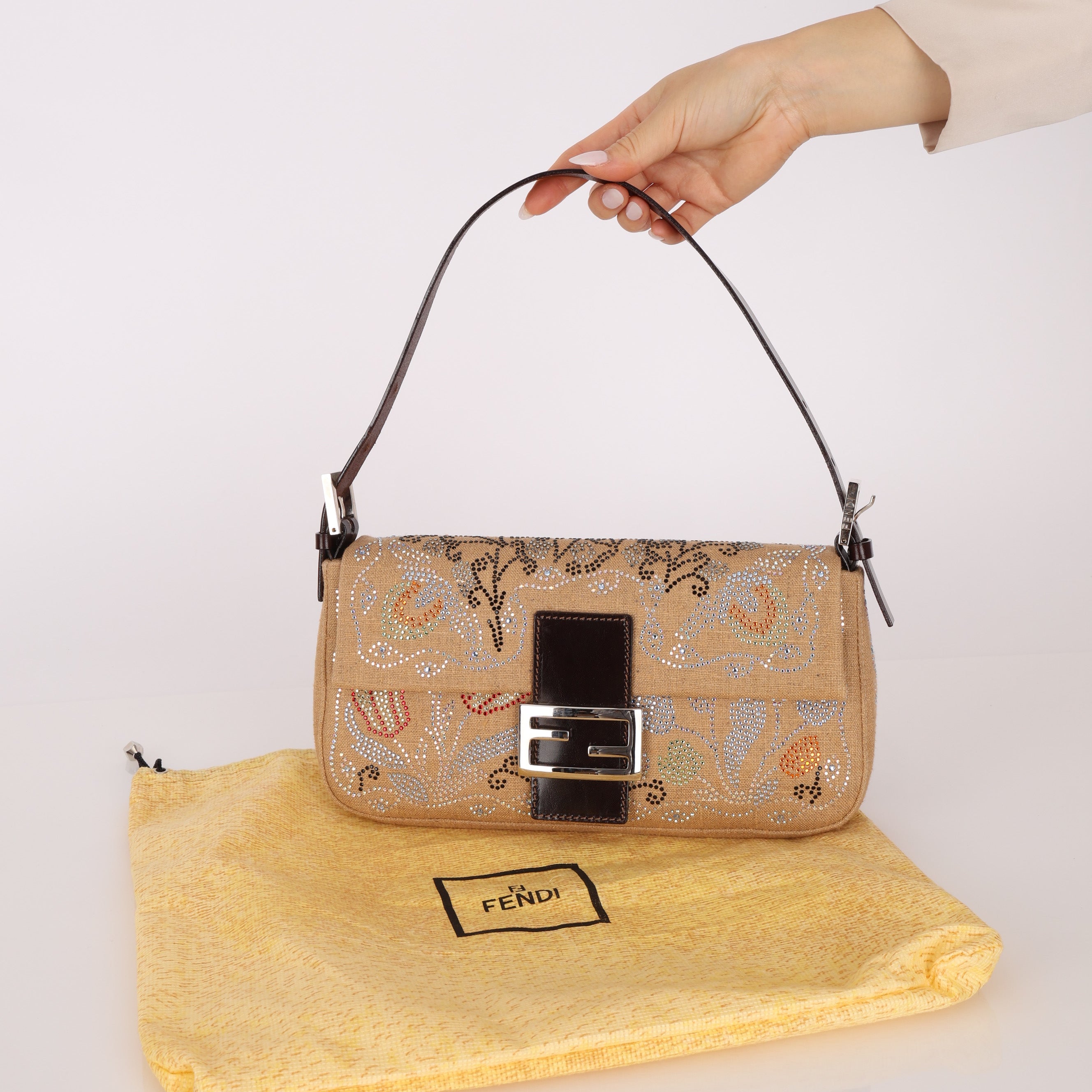 Rare Fendi Linen Swarovski Crystal Floral Baguette