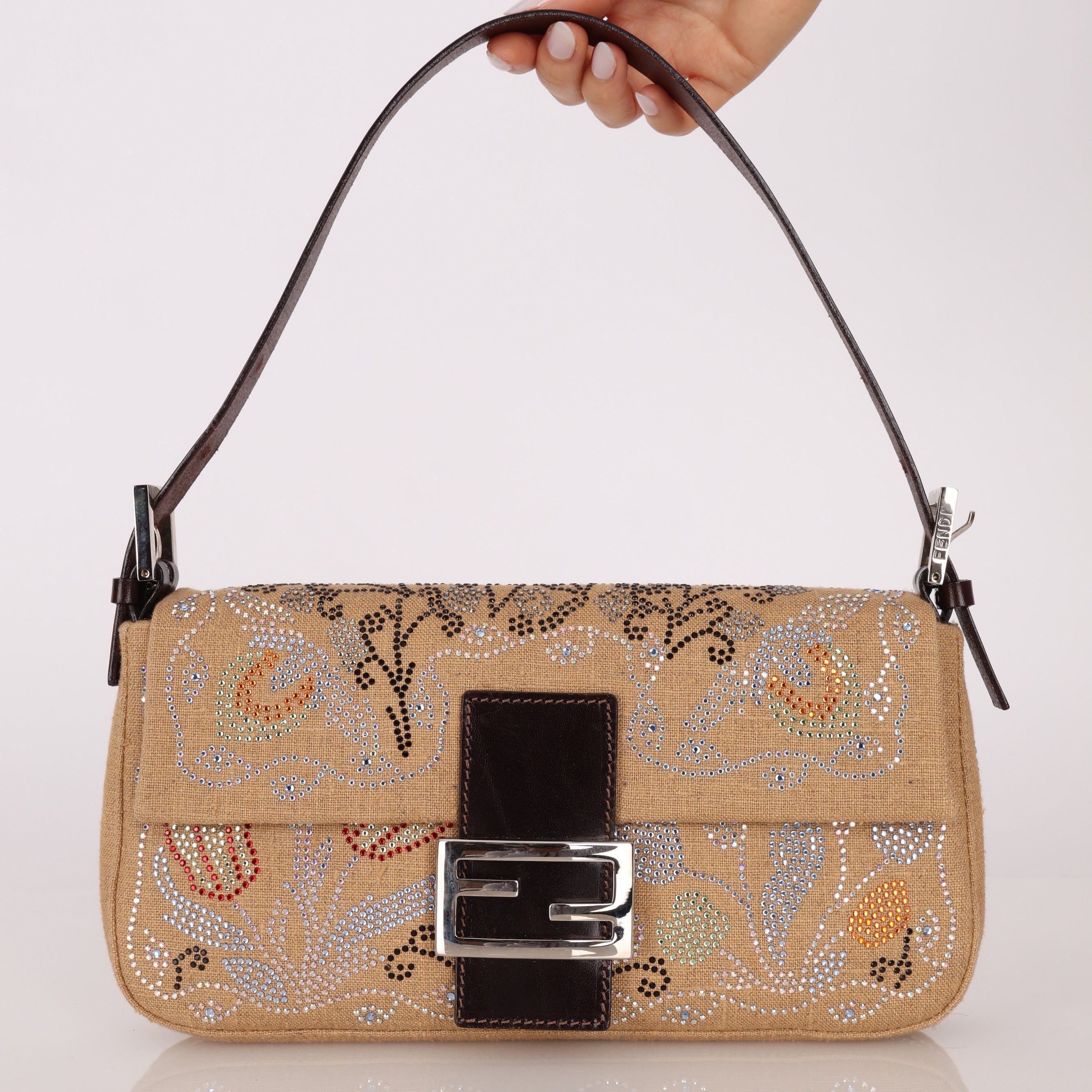Rare Fendi Linen Swarovski Crystal Floral Baguette