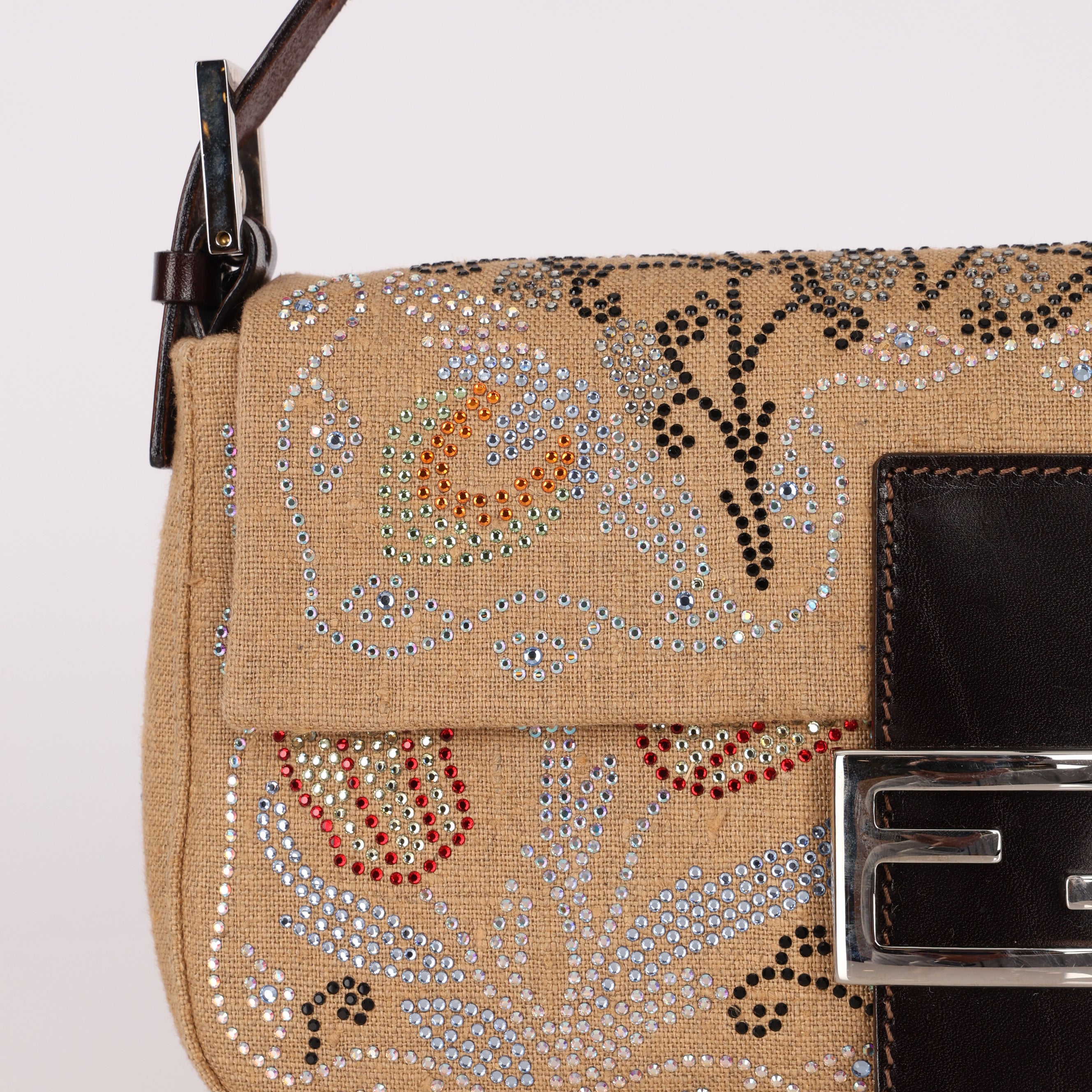 Rare Fendi Linen Swarovski Crystal Floral Baguette