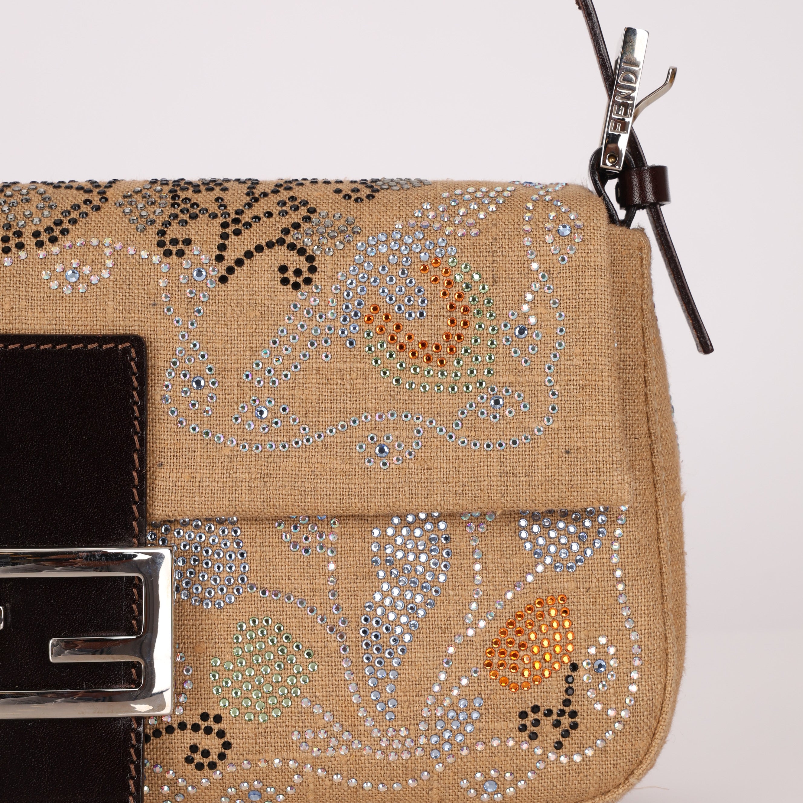 Rare Fendi Linen Swarovski Crystal Floral Baguette