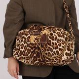Prada Showline Collection Leopard Calfskin Gold Chain Bowling Tote