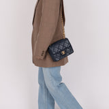 Chanel 2024 Navy Quilted Lambskin Bijoux Logo Chain Mini Square Flap