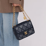 Chanel 2024 Navy Quilted Lambskin Bijoux Logo Chain Mini Square Flap