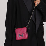 Hermès 2018 Rose Pourpre Ostrich Constance Short Wallet PHW with Chain