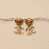 Chanel 70s Crystal CC Logo Drop Clip-On Earrings