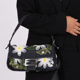 Fendi Denim Floral Appliqué Baguette Bag