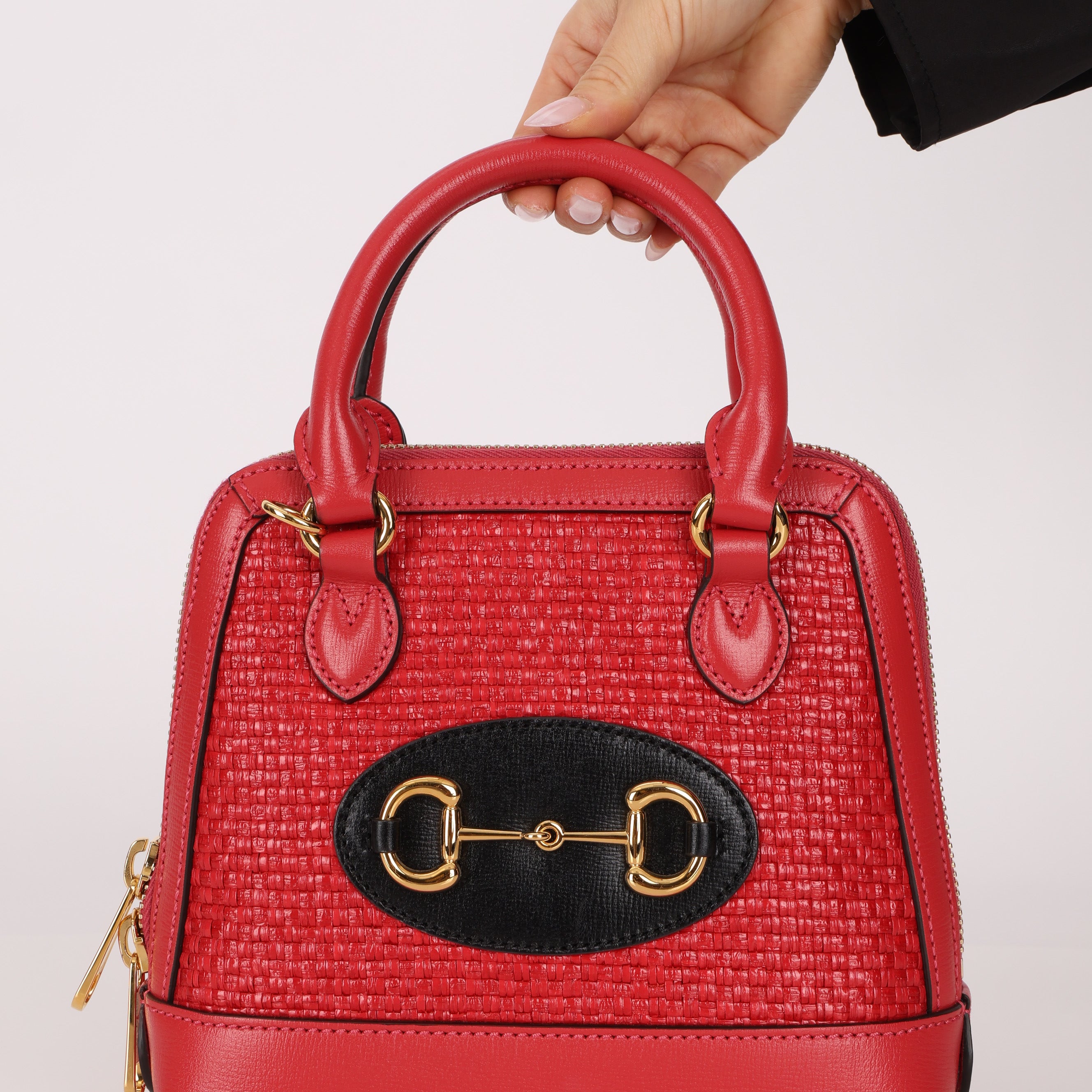 Gucci Red Horsebit Raffia 1955 Top Handle Bag