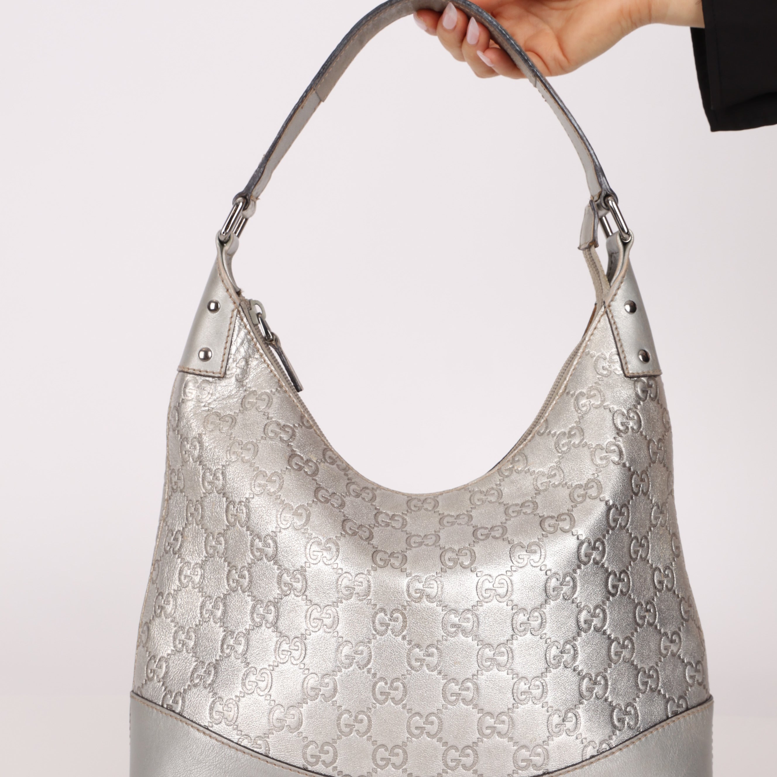 Gucci Silver Leather Guccissima Shoulder Hobo