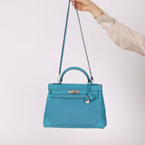 Limited Edition Hermès 2015 Turquoise Togo & Swift Ghillies Kelly 32 PHW