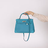 Limited Edition Hermès 2015 Turquoise Togo & Swift Ghillies Kelly 32 PHW