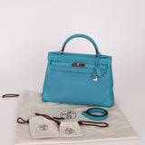 Limited Edition Hermès 2015 Turquoise Togo & Swift Ghillies Kelly 32 PHW