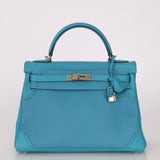 Limited Edition Hermès 2015 Turquoise Togo & Swift Ghillies Kelly 32 PHW