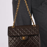 Chanel 1989 Lambskin Square Turnlock Brown Flap