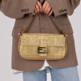 Rare Fendi Metallic Gold Embroidered Whipstitch Zucca Baguette