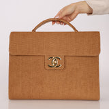 Rare Chanel 1997 Raffia XL Logo Briefcase 24K GP