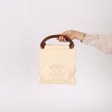 Chanel 2003 Soft Calfskin Ivory Whipstitch Wood Top Handle Mini Tote