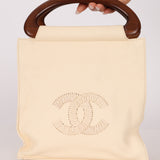 Chanel 2003 Soft Calfskin Ivory Whipstitch Wood Top Handle Mini Tote