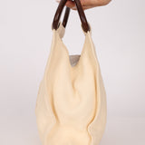 Chanel 2003 Soft Calfskin Ivory Whipstitch Wood Top Handle Mini Tote