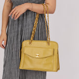 Rare Chanel 1997 Chartreuse Caviar Turnlock Zip Tote 24K GP