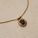 1990's 18K Yellow Gold Oval Cut Sapphire and Diamond Pendant Necklace