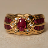 1980's 18K Yellow Gold and Ruby Diamond Halo Solitaire Ring, Size US 5.75