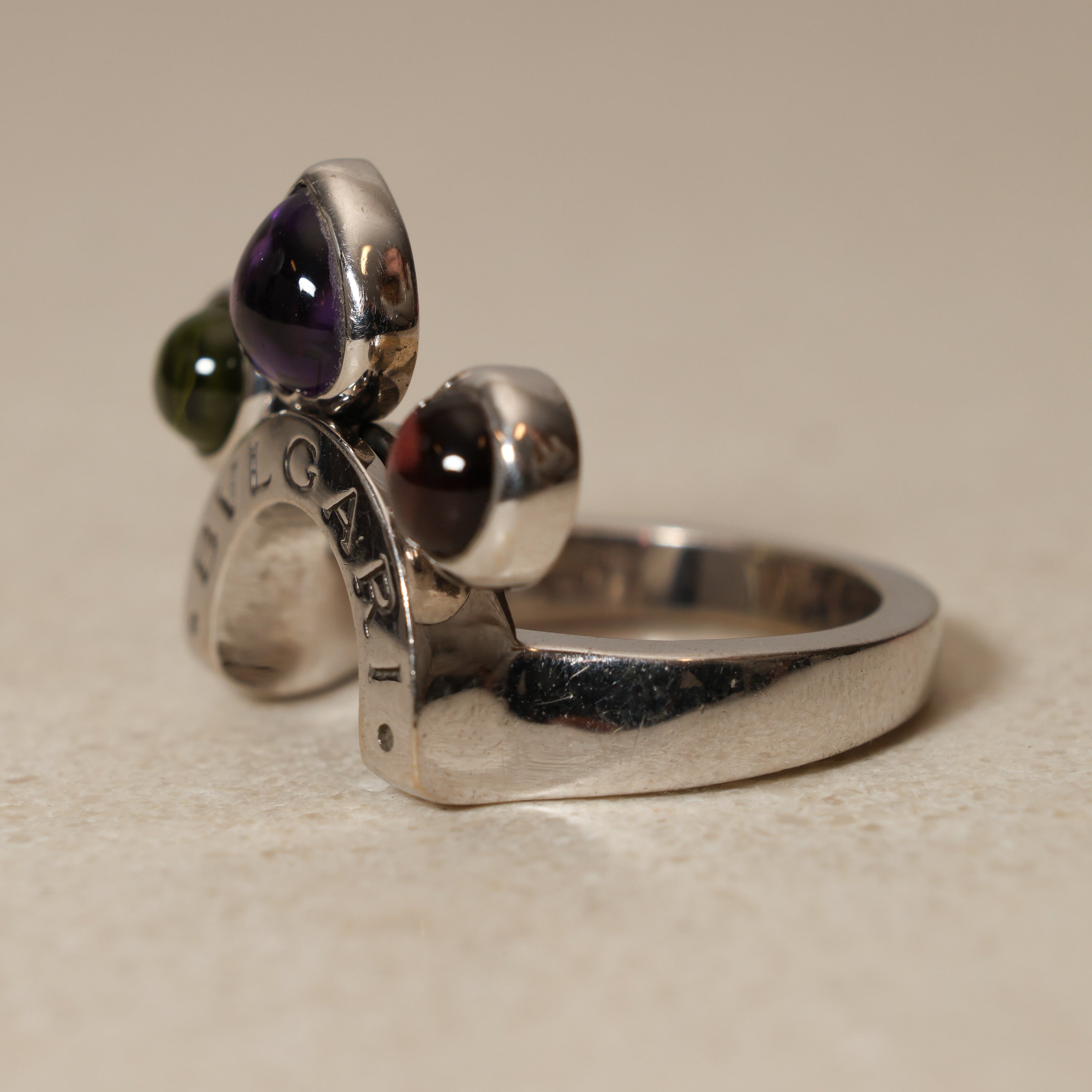 Bvlgari 18K White Gold Allegra 3 Amethyst Ring, Size US 5.75