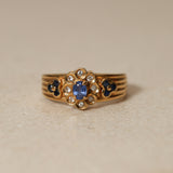 Vintage 18K Yellow Gold Sapphire and Diamond Flower Halo Ridged Ring, Size US 4