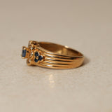 Vintage 18K Yellow Gold Sapphire and Diamond Flower Halo Ridged Ring, Size US 4